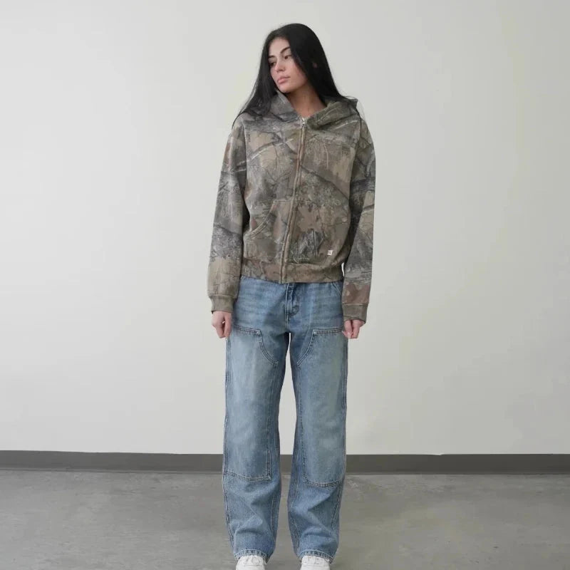 Camouflage Zip-Up Hoodie – Unisex Lightweight Oversized Fleece