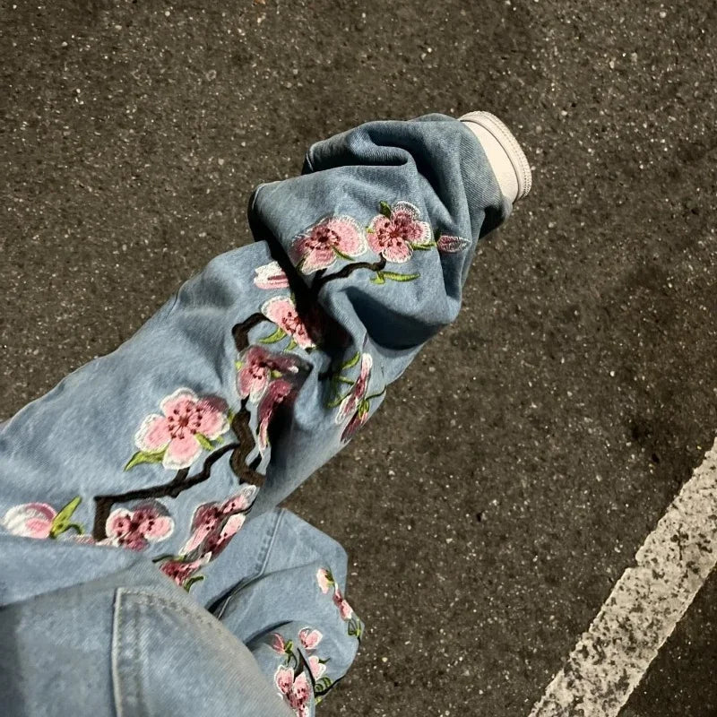 Cherry Blossom Embroidered Jeans – Unisex Oversized Baggy Denim