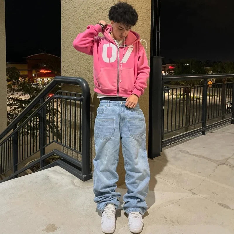 Cherry Blossom Embroidered Jeans – Unisex Oversized Baggy Denim