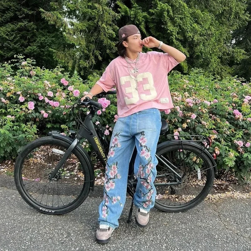 Cherry Blossom Embroidered Jeans – Unisex Oversized Baggy Denim