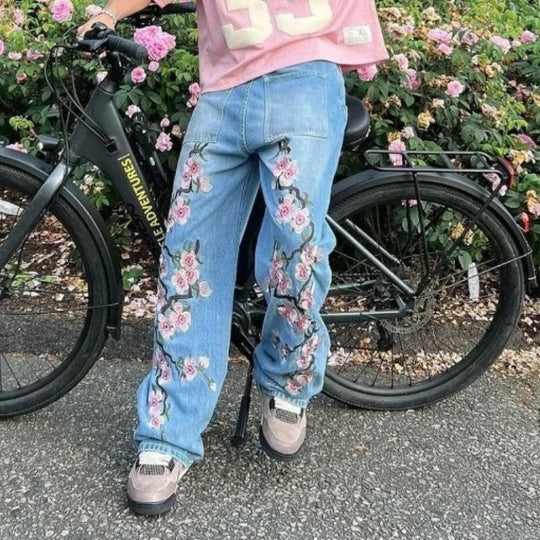 Cherry Blossom Embroidered Jeans – Unisex Oversized Baggy Denim