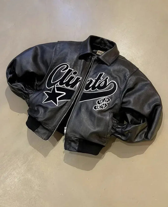 Star Embroidered Leather Jacket – Men's Bomber Coat