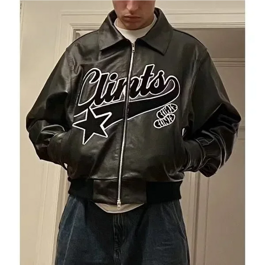 Star Embroidered Leather Jacket – Men's Bomber Coat