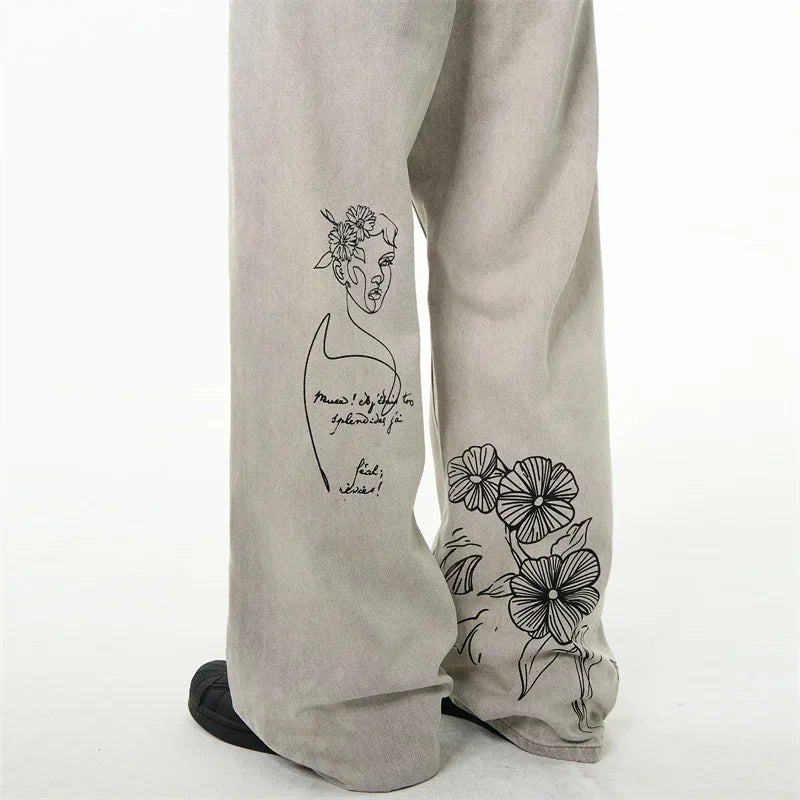 Coffee Shop Sketch Graphic Jeans – Unisex Baggy Relaxed Denim