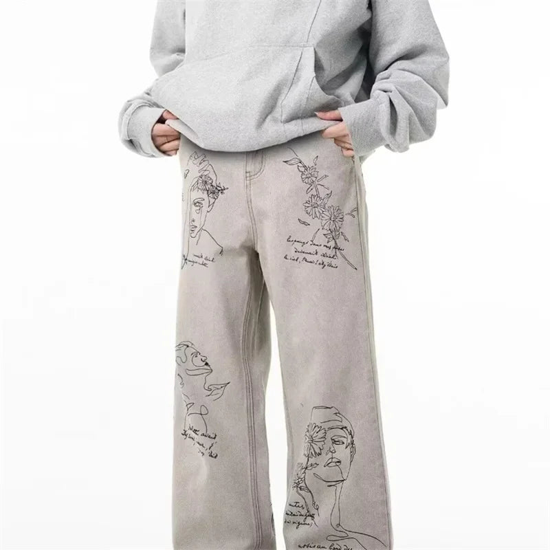 Coffee Shop Sketch Graphic Jeans – Unisex Baggy Relaxed Denim