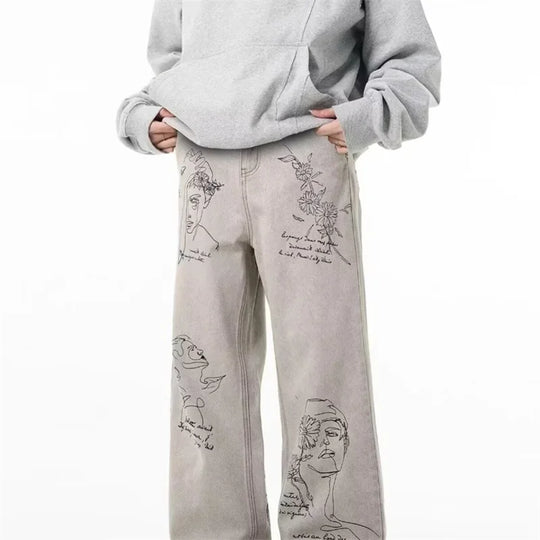 Coffee Shop Sketch Graphic Jeans – Unisex Baggy Relaxed Denim