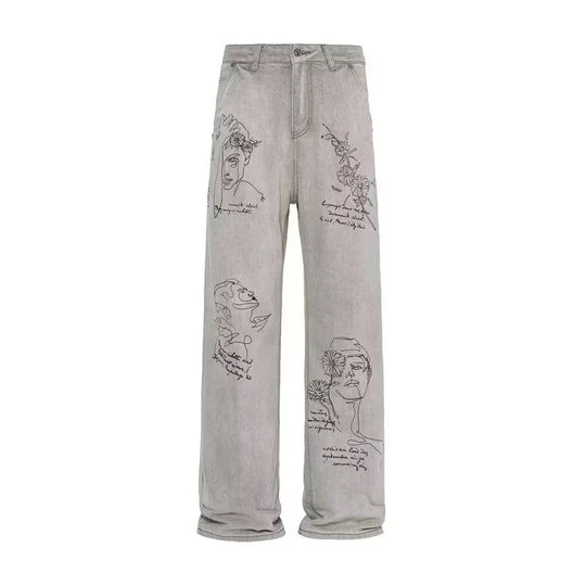 Coffee Shop Sketch Graphic Jeans – Unisex Baggy Relaxed Denim