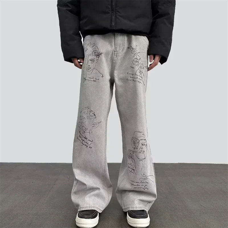 Coffee Shop Sketch Graphic Jeans – Unisex Baggy Relaxed Denim