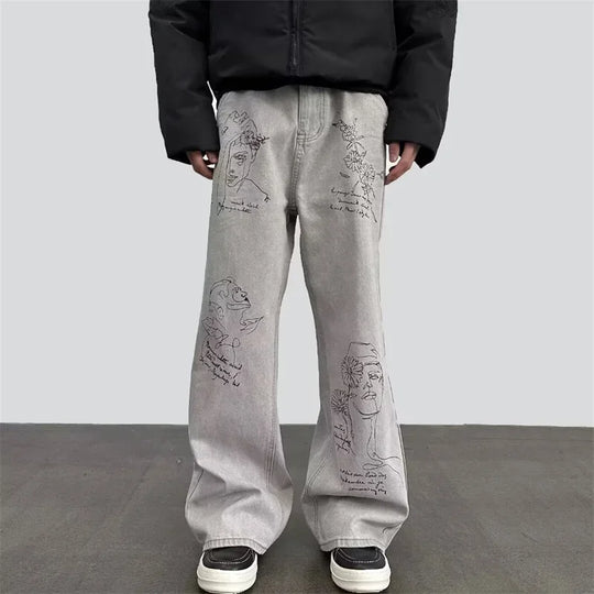 Coffee Shop Sketch Graphic Jeans – Unisex Baggy Relaxed Denim