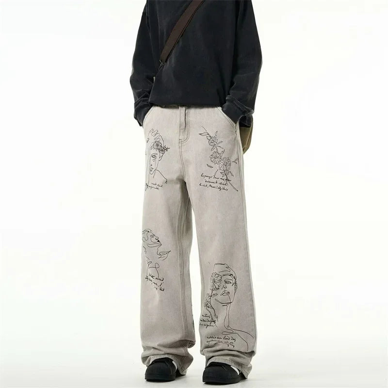 Coffee Shop Sketch Graphic Jeans – Unisex Baggy Relaxed Denim