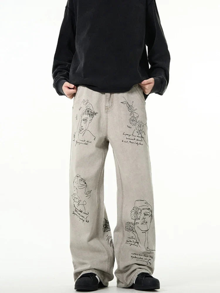 Coffee Shop Sketch Graphic Jeans – Unisex Baggy Relaxed Denim