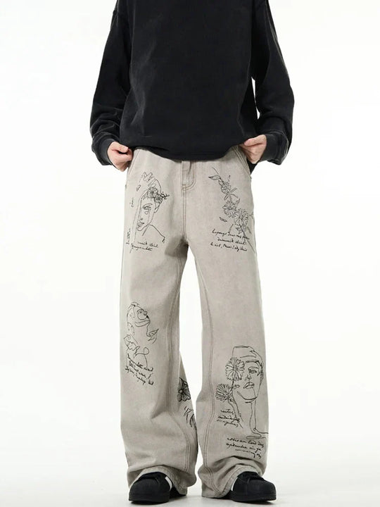 Coffee Shop Sketch Graphic Jeans – Unisex Baggy Relaxed Denim