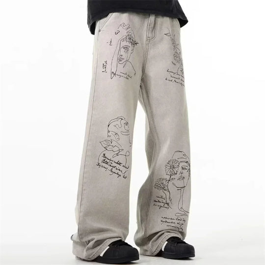 Coffee Shop Sketch Graphic Jeans – Unisex Baggy Relaxed Denim