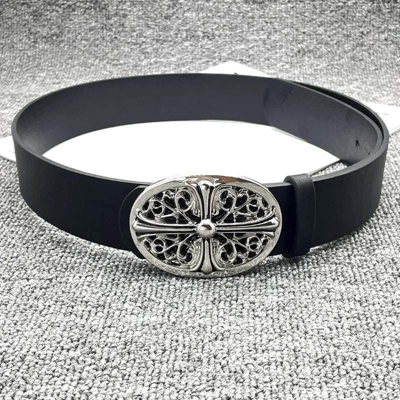Cross Buckle Belt – Unisex Silver-Buckle Leather Accessory