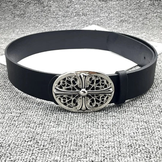 Cross Buckle Belt – Unisex Silver-Buckle Leather Accessory