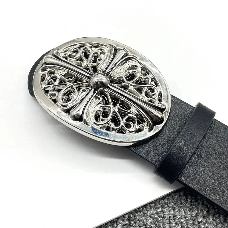 Cross Buckle Belt – Unisex Silver-Buckle Leather Accessory
