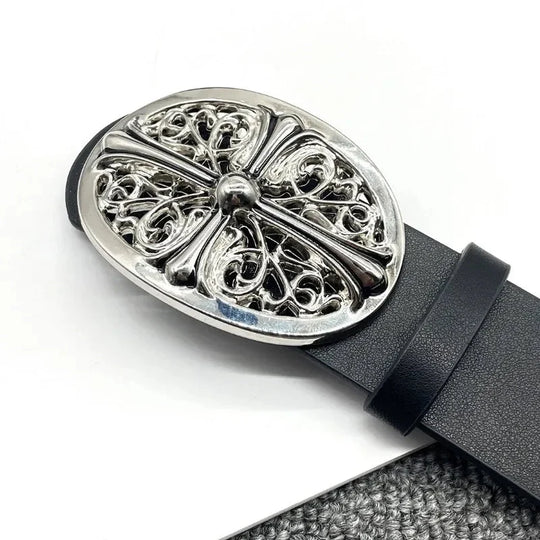 Cross Buckle Belt – Unisex Silver-Buckle Leather Accessory