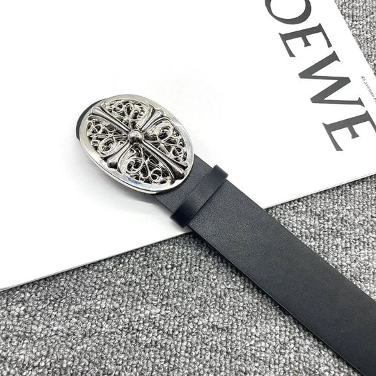 Cross Buckle Belt – Unisex Silver-Buckle Leather Accessory