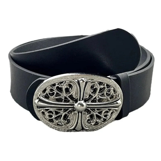 Cross Buckle Belt – Unisex Silver-Buckle Leather Accessory