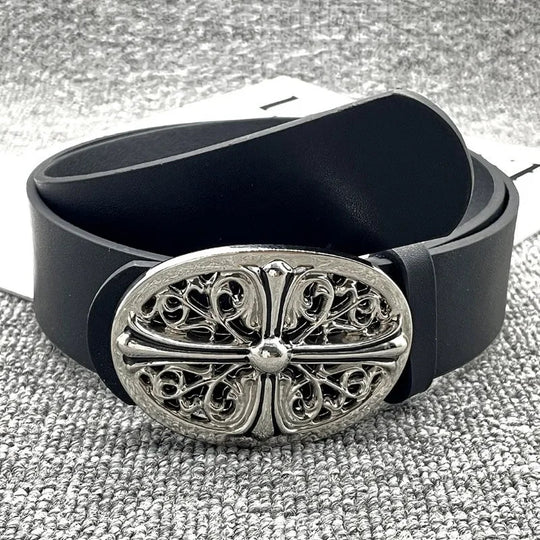 Cross Buckle Belt – Unisex Silver-Buckle Leather Accessory