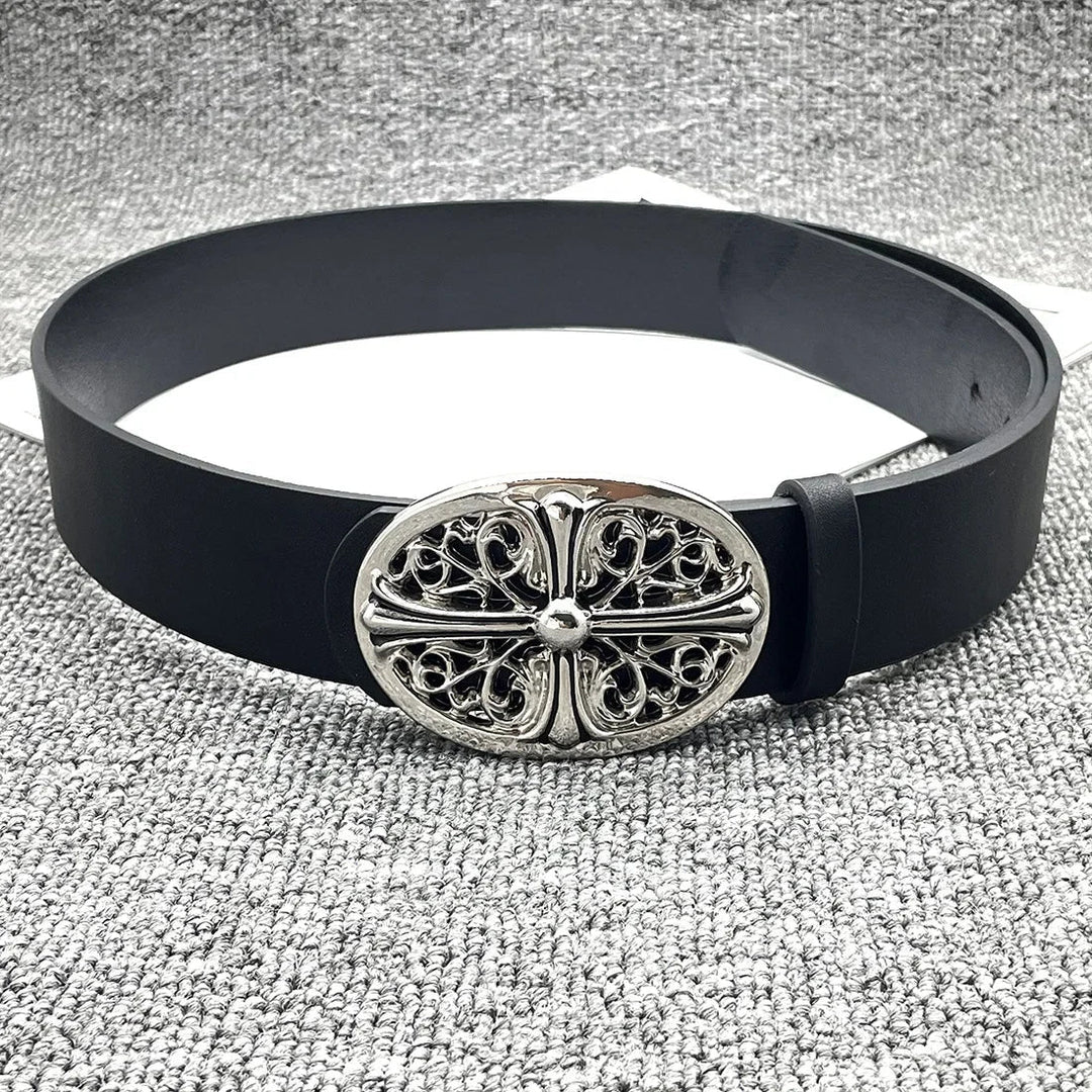 Cross Buckle Belt – Unisex Silver-Buckle Leather Accessory