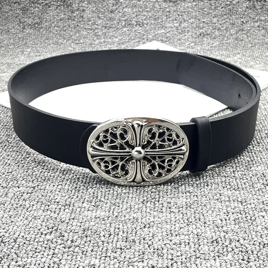 Cross Buckle Belt – Unisex Silver-Buckle Leather Accessory