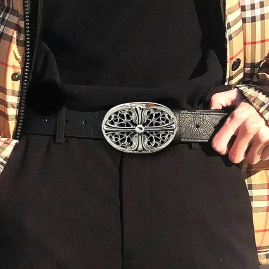 Cross Buckle Belt – Unisex Silver-Buckle Leather Accessory