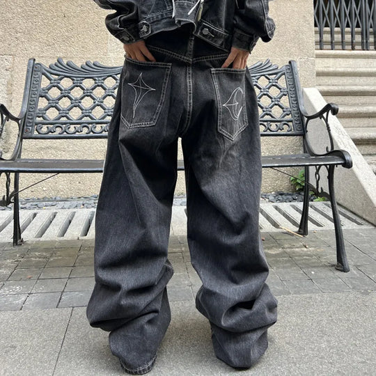 Cyber Embroidered Stacked Jeans – Unisex Baggy Dark-Wash Denim