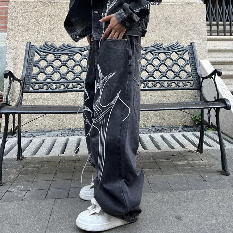 Cyber Embroidered Stacked Jeans – Unisex Baggy Dark-Wash Denim
