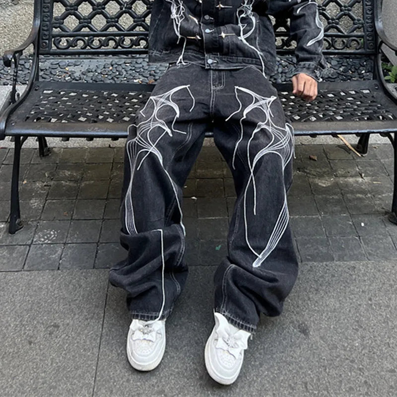 Cyber Embroidered Stacked Jeans – Unisex Baggy Dark-Wash Denim
