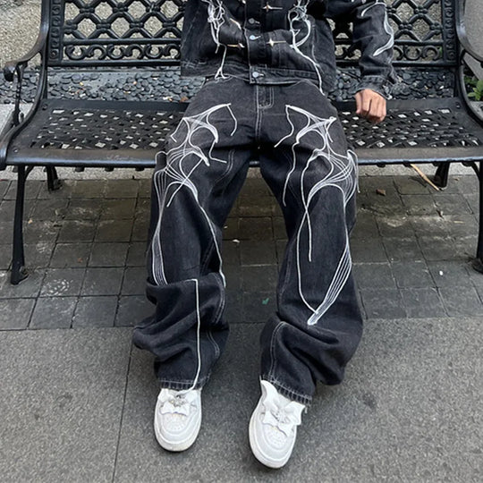 Cyber Embroidered Stacked Jeans – Unisex Baggy Dark-Wash Denim