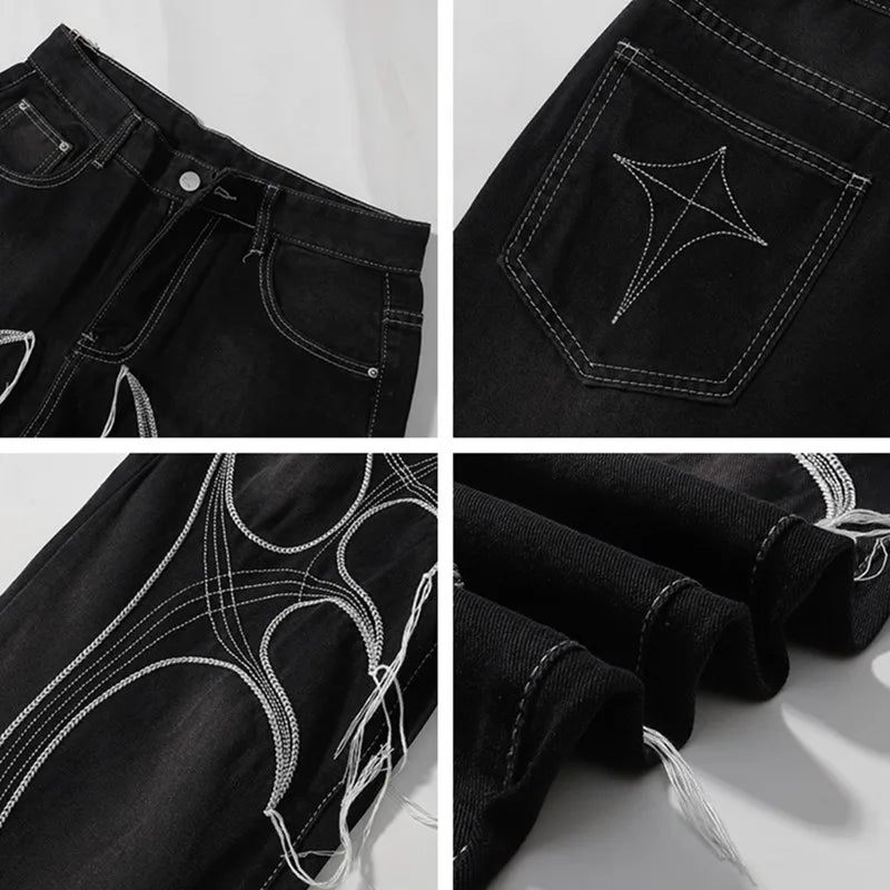 Cyber Embroidered Stacked Jeans – Unisex Baggy Dark-Wash Denim