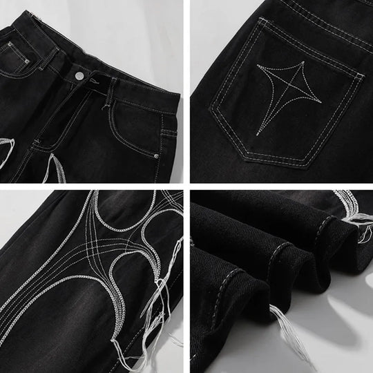 Cyber Embroidered Stacked Jeans – Unisex Baggy Dark-Wash Denim