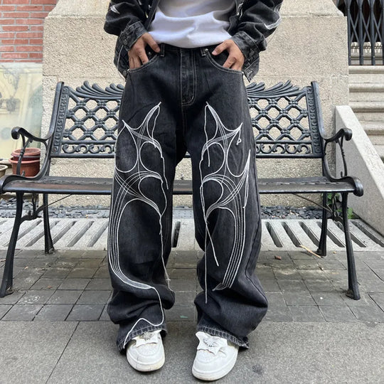 Cyber Embroidered Stacked Jeans – Unisex Baggy Dark-Wash Denim