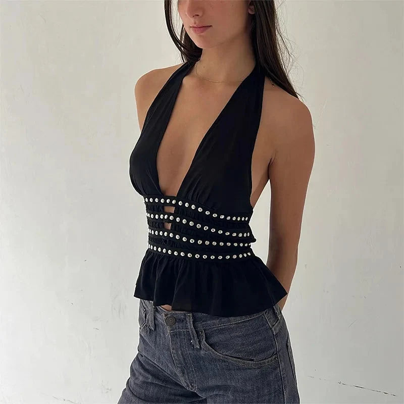 Studded Deep V Halter Top – Women's Backless Edgy Top