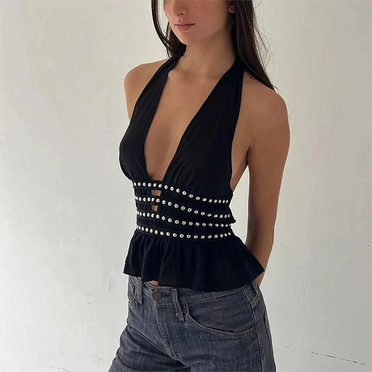 Studded Deep V Halter Top – Women's Backless Edgy Top