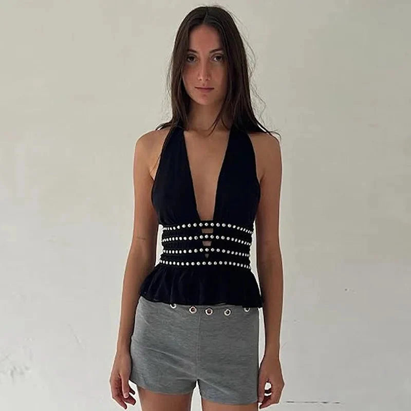 Studded Deep V Halter Top – Women's Backless Edgy Top