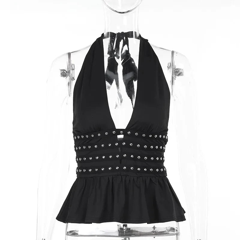 Studded Deep V Halter Top – Women's Backless Edgy Top