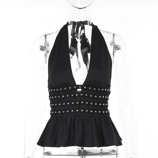 Studded Deep V Halter Top – Women's Backless Edgy Top