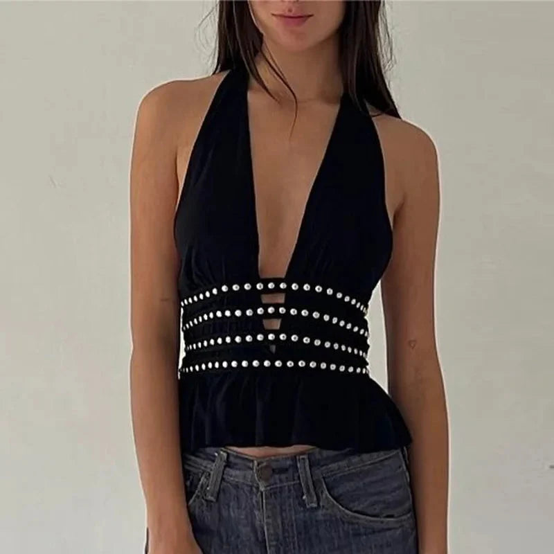Studded Deep V Halter Top – Women's Backless Edgy Top