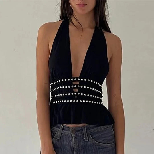 Studded Deep V Halter Top – Women's Backless Edgy Top