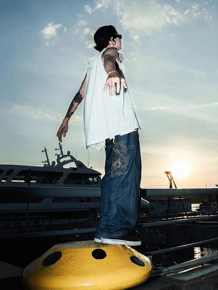 Dragon Embroidered Skater Jeans – Unisex Oversized Wide-Leg Denim