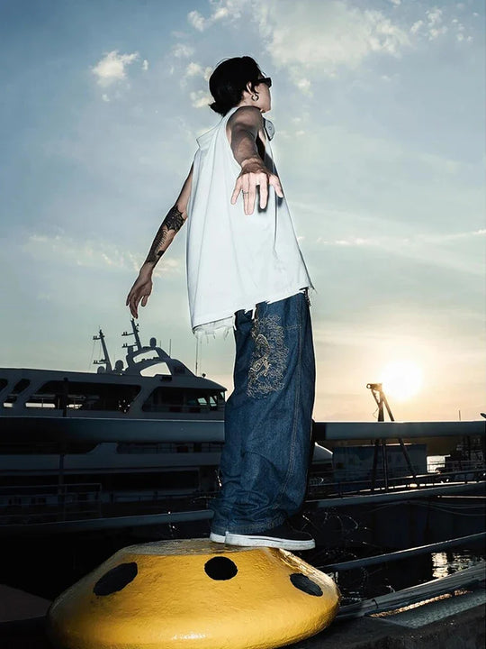 Dragon Embroidered Skater Jeans – Unisex Oversized Wide-Leg Denim