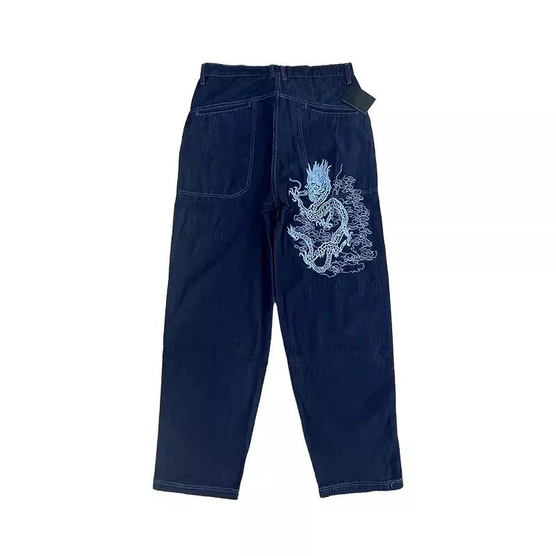 Dragon Embroidered Skater Jeans – Unisex Oversized Wide-Leg Denim