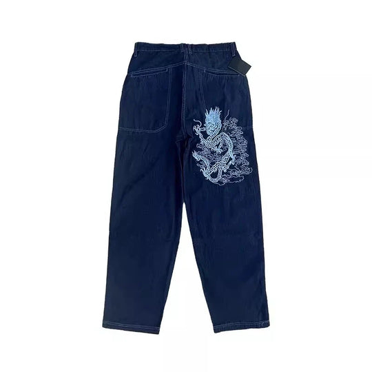 Dragon Embroidered Skater Jeans – Unisex Oversized Wide-Leg Denim