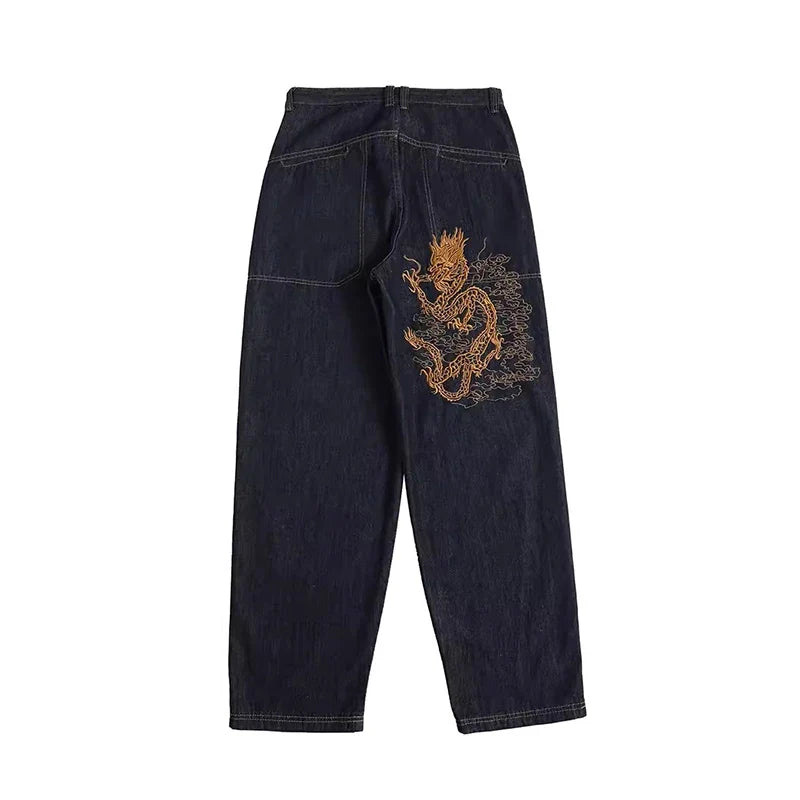 Dragon Embroidered Skater Jeans – Unisex Oversized Wide-Leg Denim