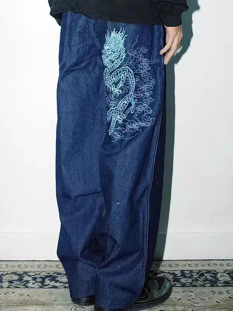 Dragon Embroidered Skater Jeans – Unisex Oversized Wide-Leg Denim