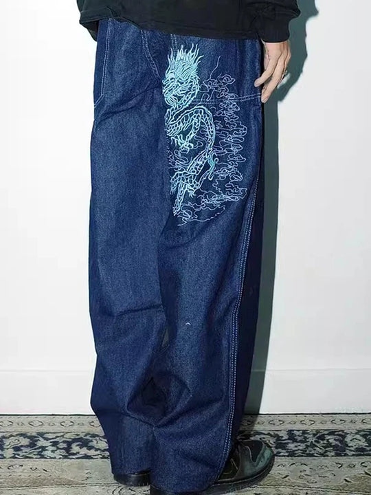 Dragon Embroidered Skater Jeans – Unisex Oversized Wide-Leg Denim