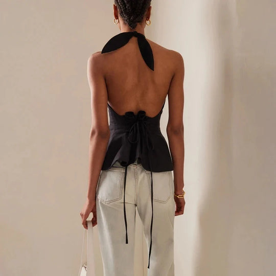 Ruched Halter Top – Women's Elegant Backless Top