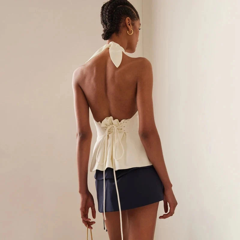 Ruched Halter Top – Women's Elegant Backless Top